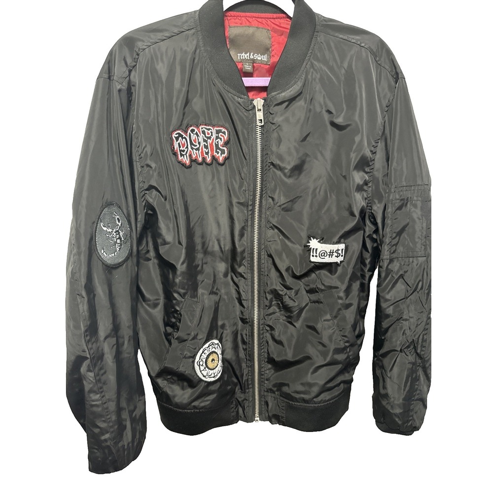 REBEL & SOUL Dope Punk Patch Windbreaker Black Full Zip Jacket Size Large Rock
